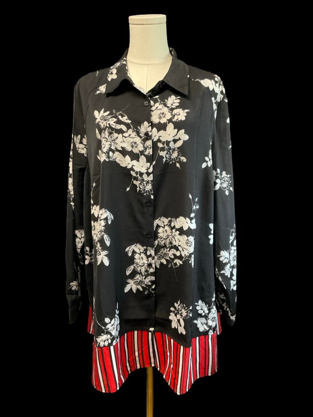 Black/White Floral Print Button Up Blouse w/ Striped Accents